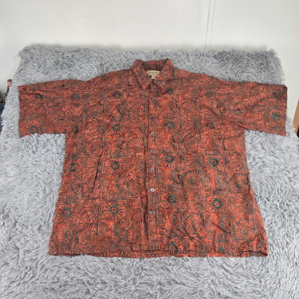 Johari West‎ Batik Shirt Mens 4XL Orange Excellent Short Sleeve Cotton Tropical